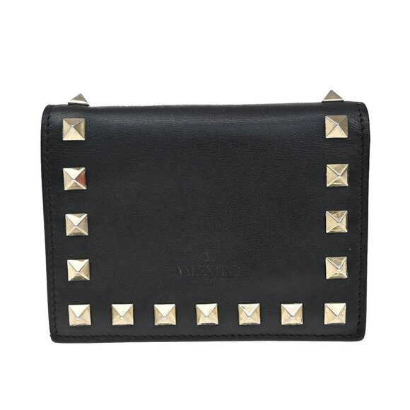 VALENTINO Logo Studs Compact Bifold Wallet Purse Leather Black GHW Italy 69KB160 - Picture 3 of 12